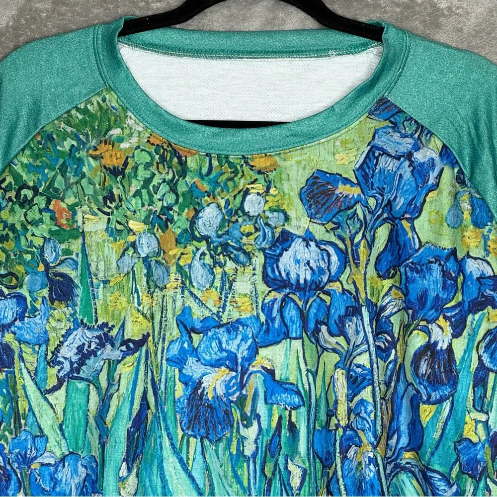 Amazon 2X Shirt Top Green Blue Floral Flower Long Sleeve Scoop Neck Knit Womens - Picture 3 of 5